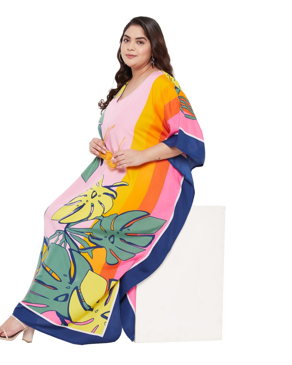 Leaf Printed Multicolor Plus Size Polyester Kaftan Dress For Women