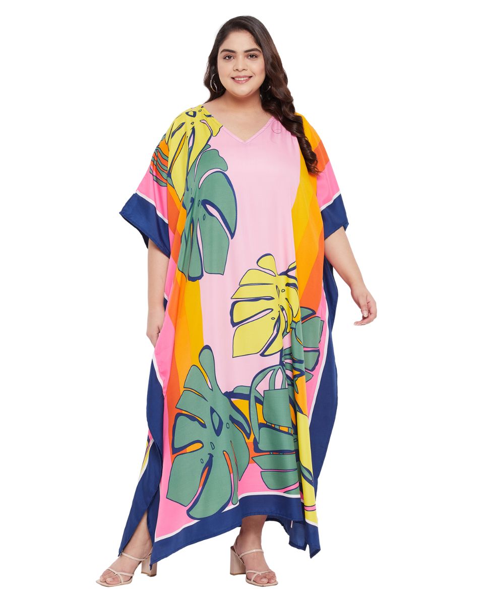 Leaf Printed Multicolor Plus Size Polyester Kaftan Dress For Women