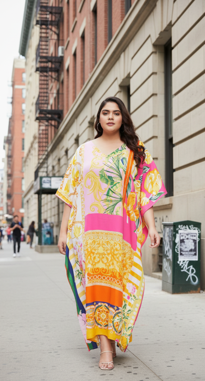 Floral Printed Yellow Polyester Kaftan Plus Size Dress For Women