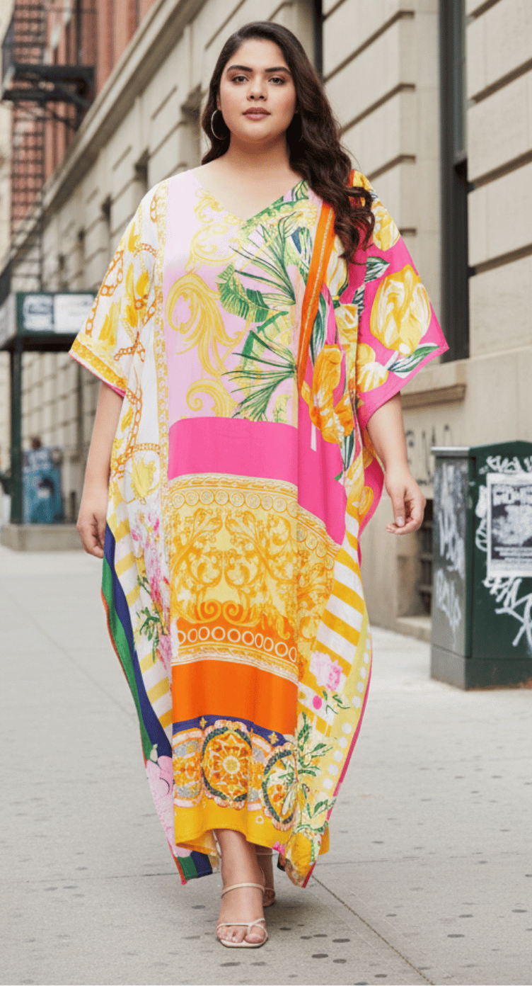 Pink and yellow damask patchwork tropical print plus size kaftan with V-neck