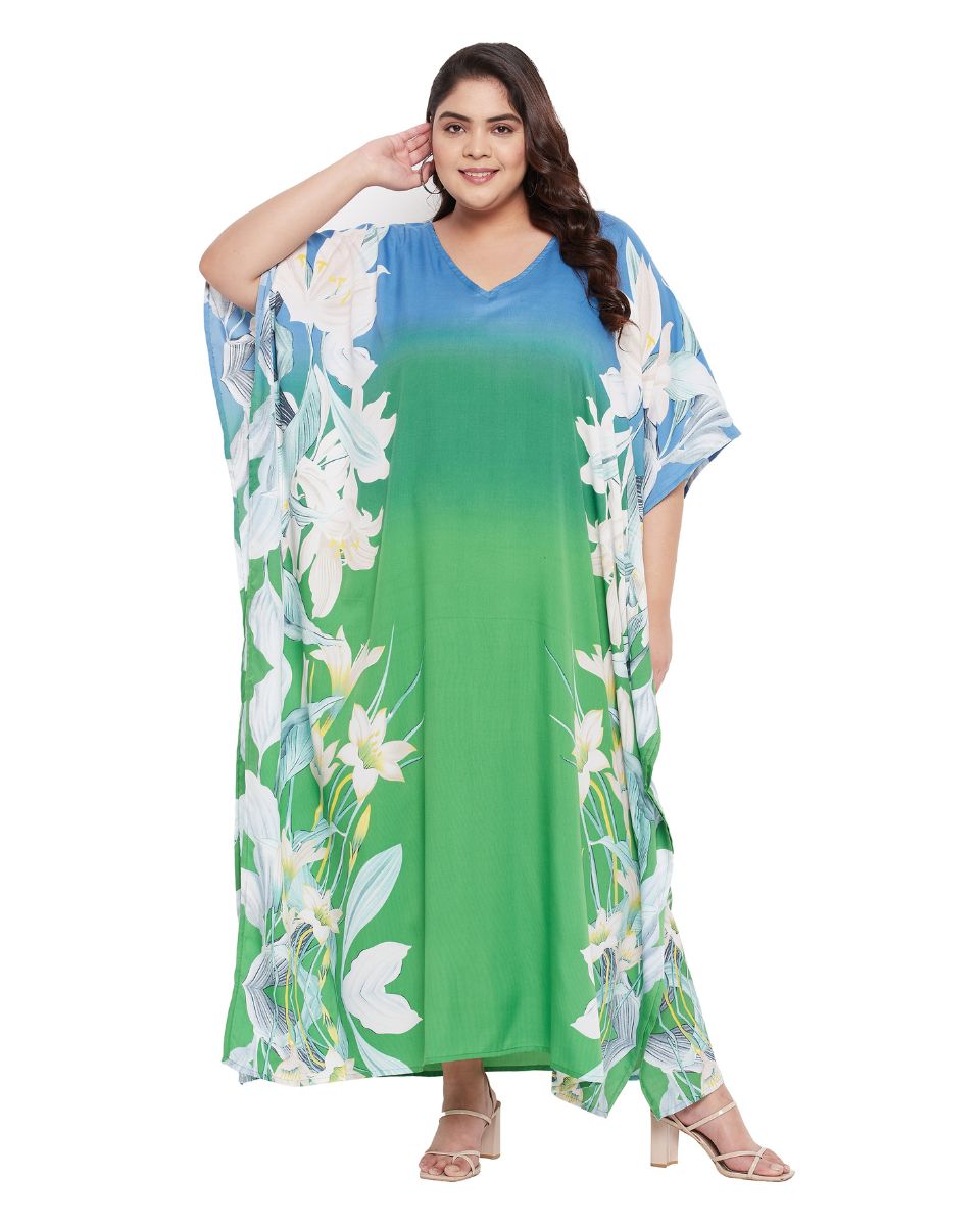 Multicolor Floral Printed Polyester Plus Size Kaftan Dress For Women