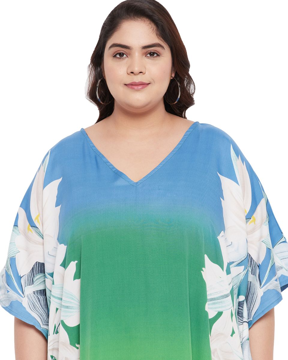 Multicolor Floral Printed Polyester Plus Size Kaftan Dress For Women