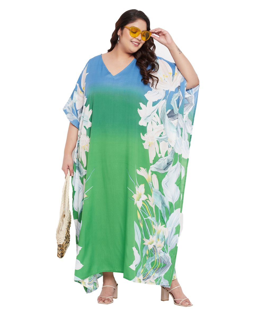 Multicolor Floral Printed Polyester Plus Size Kaftan Dress For Women