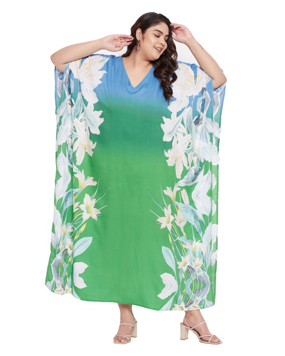 Multicolor Floral Printed Polyester Plus Size Kaftan Dress For Women