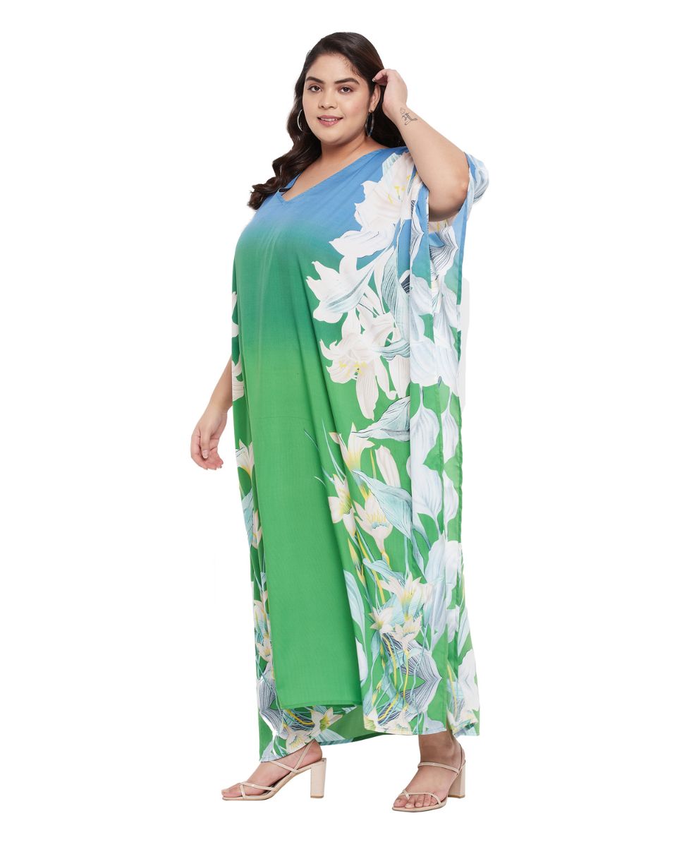 Multicolor Floral Printed Polyester Plus Size Kaftan Dress For Women