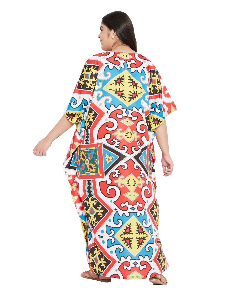 V- Neck Plus Size Kaftan Multicolor Polyester Dress For Women