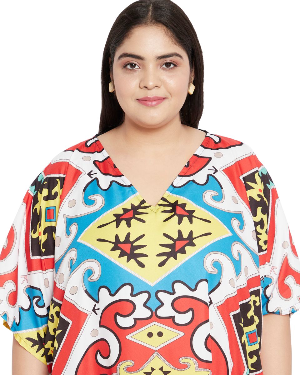 V- Neck Plus Size Kaftan Multicolor Polyester Dress For Women