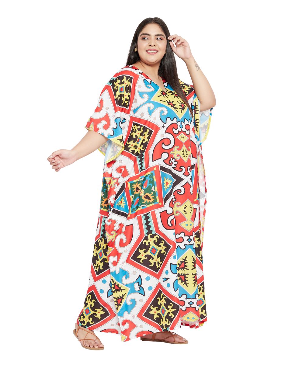 V- Neck Plus Size Kaftan Multicolor Polyester Dress For Women