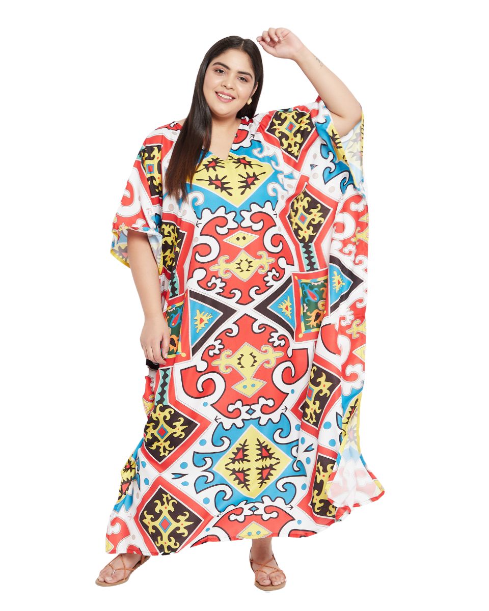 V- Neck Plus Size Kaftan Multicolor Polyester Dress For Women