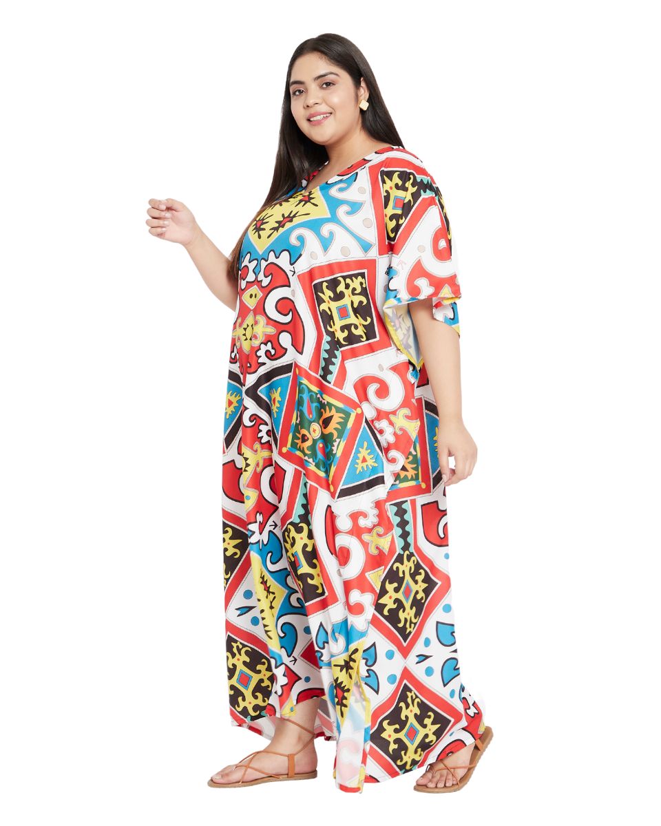 V- Neck Plus Size Kaftan Multicolor Polyester Dress For Women