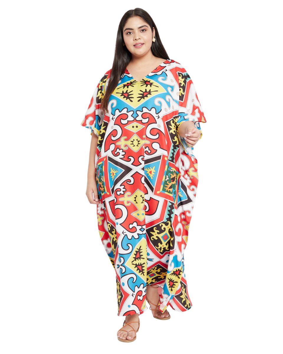 V- Neck Plus Size Kaftan Multicolor Polyester Dress For Women