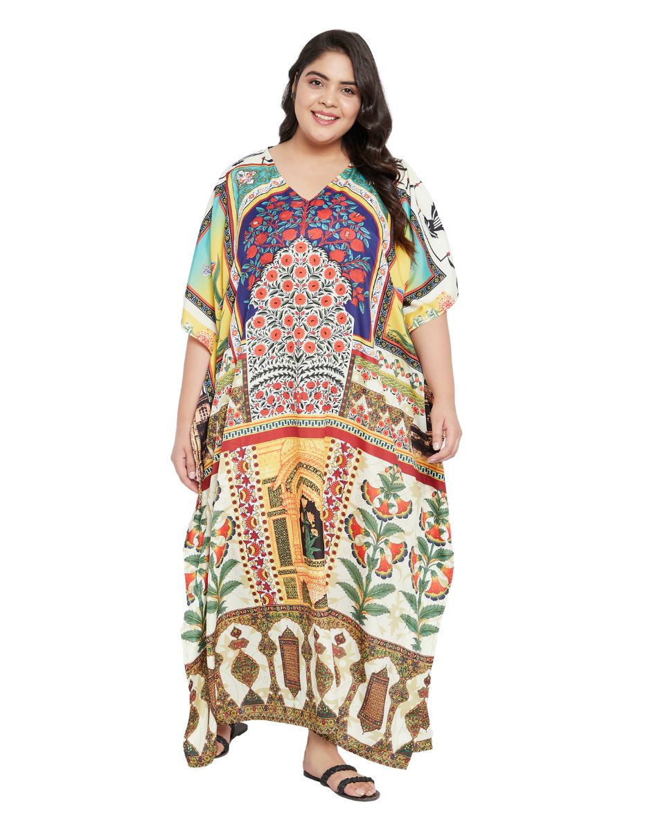 Plus Size Polyester V- Neck Loose Multicolor Kaftan For Women