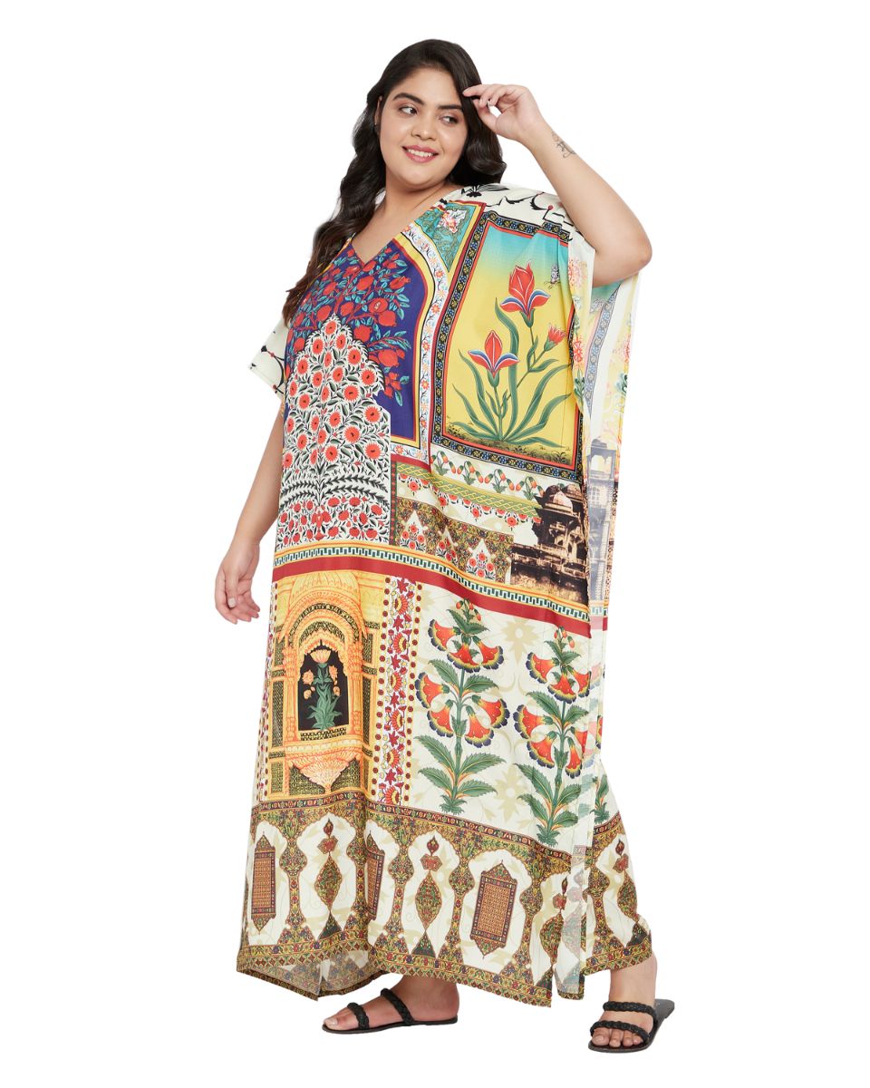 Plus Size Polyester V- Neck Loose Multicolor Kaftan For Women