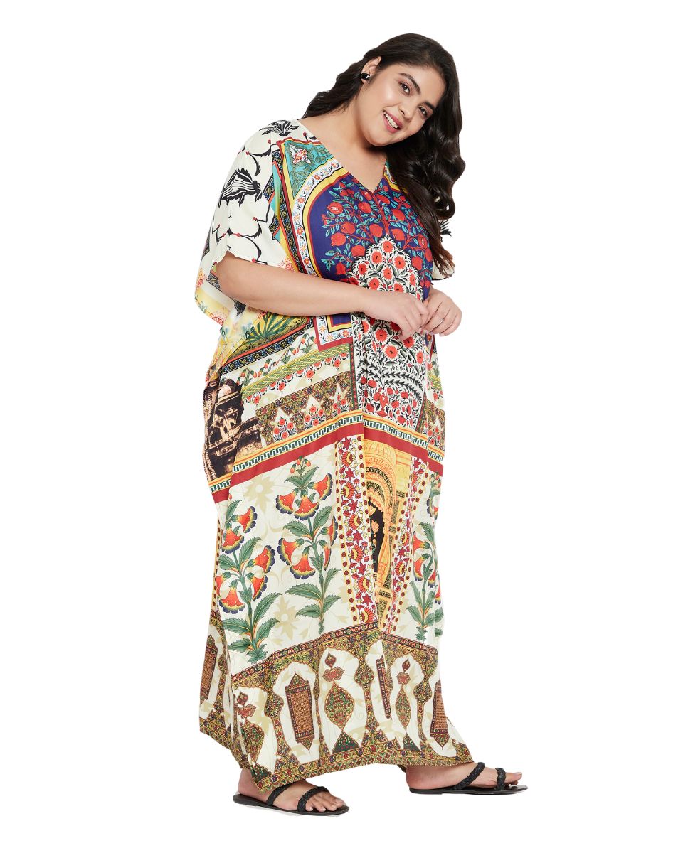 Plus Size Polyester V- Neck Loose Multicolor Kaftan For Women