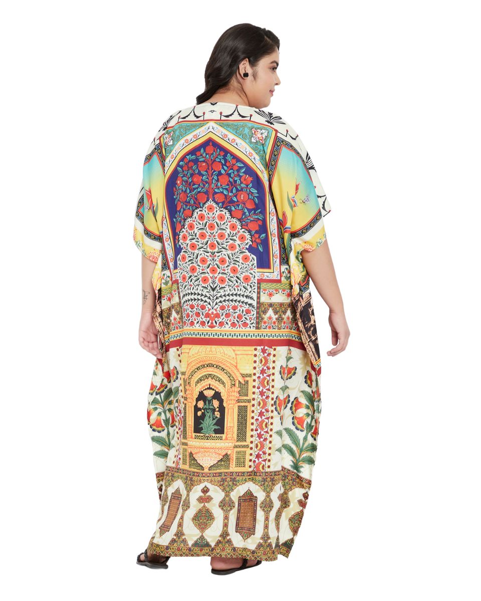 Plus Size Polyester V- Neck Loose Multicolor Kaftan For Women