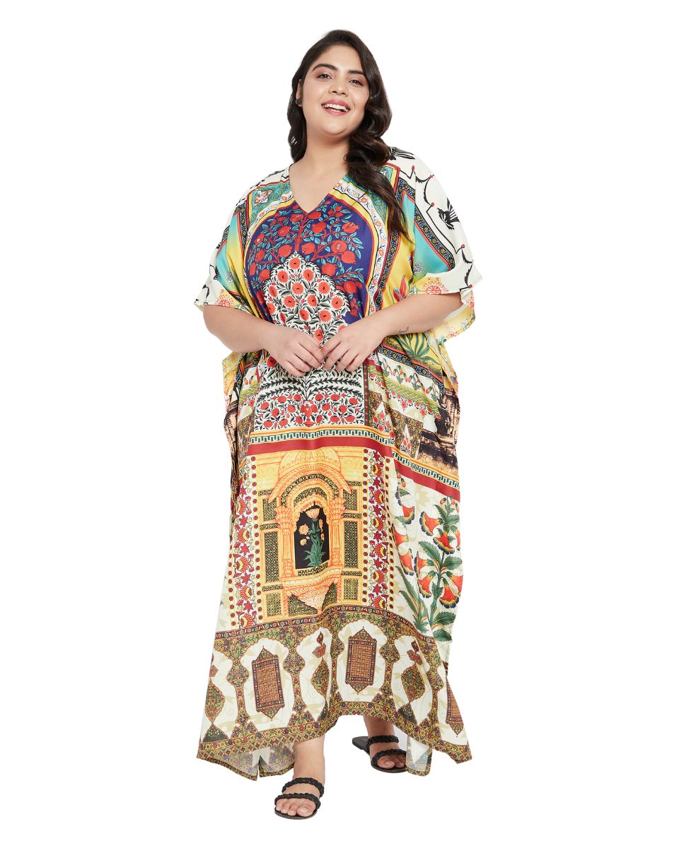 Plus Size Polyester V- Neck Loose Multicolor Kaftan For Women