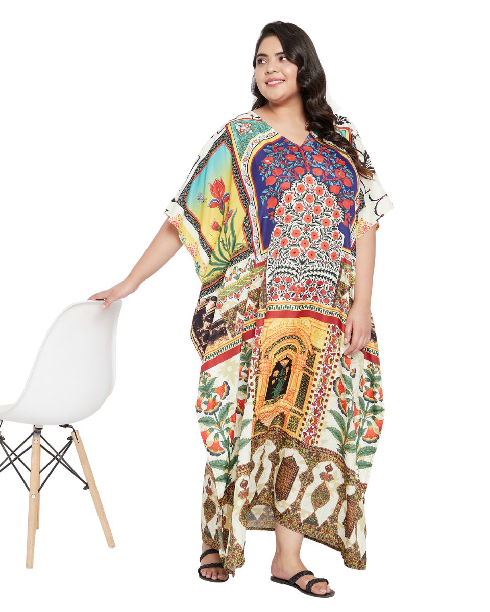 Plus Size Polyester V- Neck Loose Multicolor Kaftan For Women