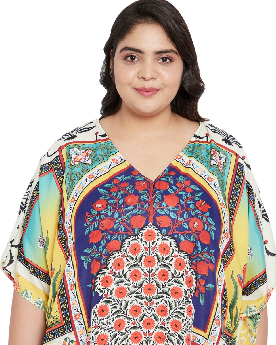 Plus Size Polyester V- Neck Loose Multicolor Kaftan For Women