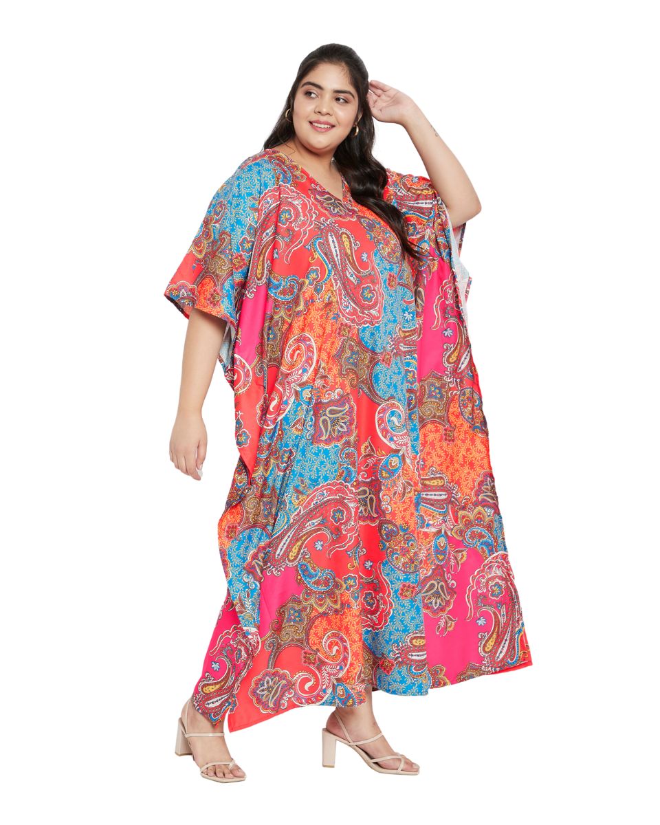 Paisley Kimono Sleeve Multicolor Polyester Plus Size Kaftan For Women