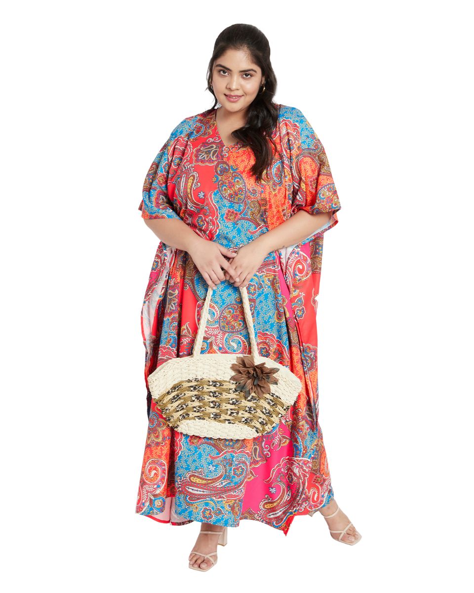 Paisley Kimono Sleeve Multicolor Polyester Plus Size Kaftan For Women