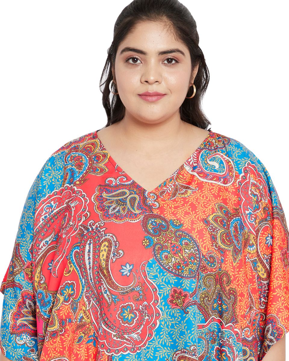 Paisley Kimono Sleeve Multicolor Polyester Plus Size Kaftan For Women