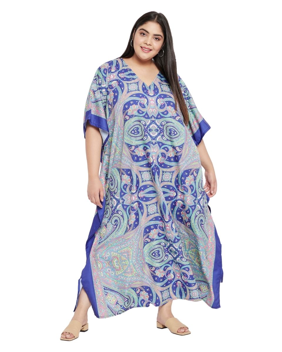 Plus Size Women Blue Paisley Kimono Sleeve Long Kaftan