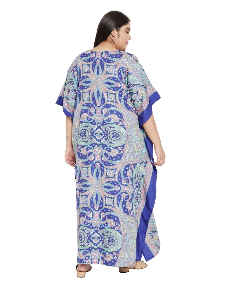 Plus Size Women Blue Paisley Kimono Sleeve Long Kaftan