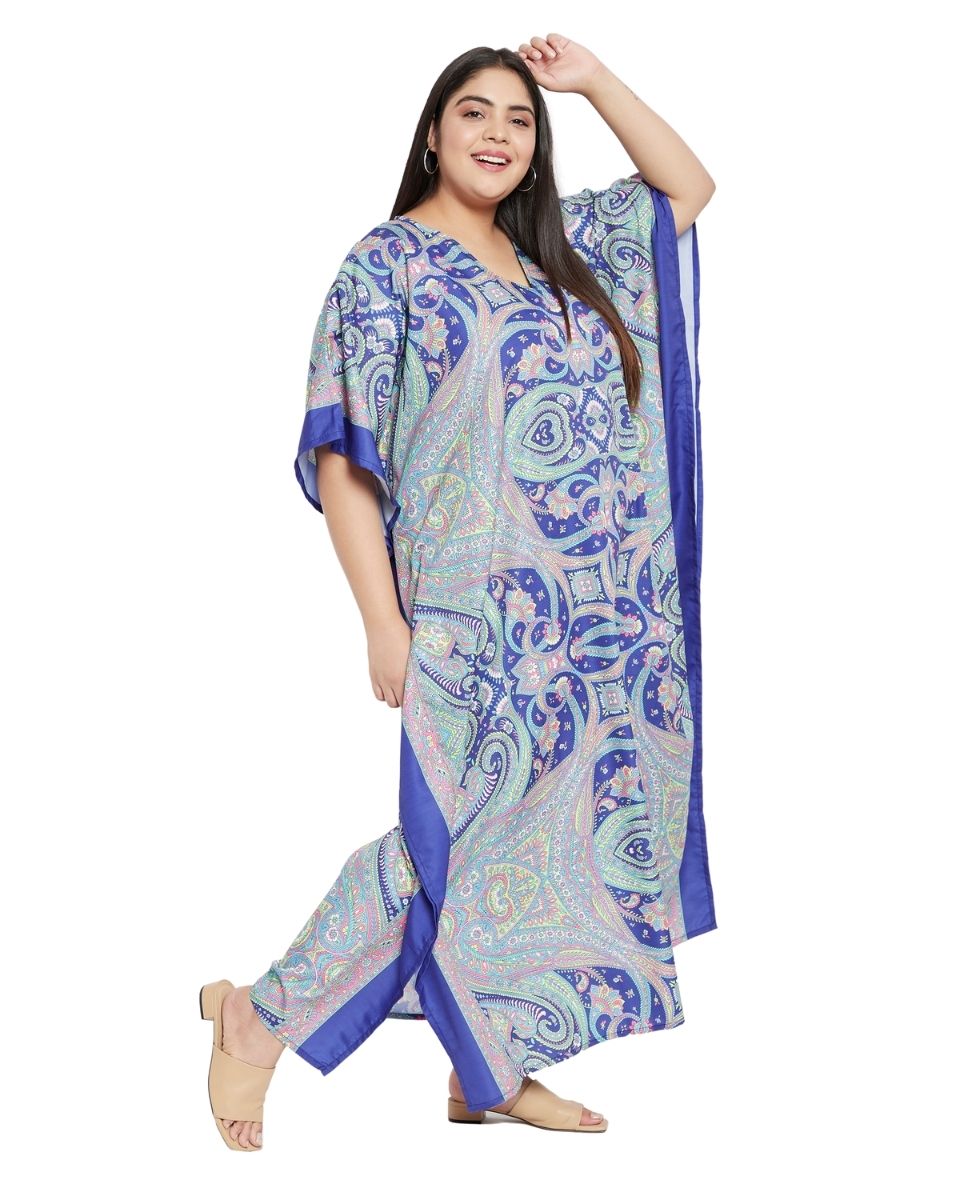 Plus Size Women Blue Paisley Kimono Sleeve Long Kaftan