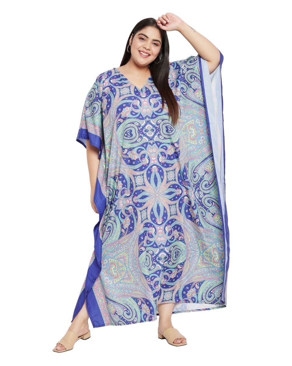 Plus Size Women Blue Paisley Kimono Sleeve Long Kaftan