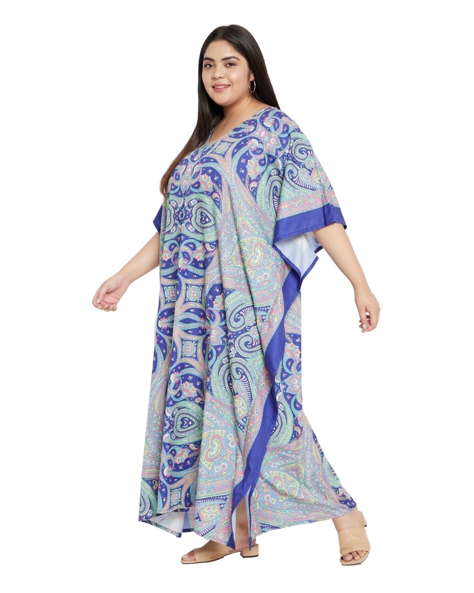 Plus Size Women Blue Paisley Kimono Sleeve Long Kaftan