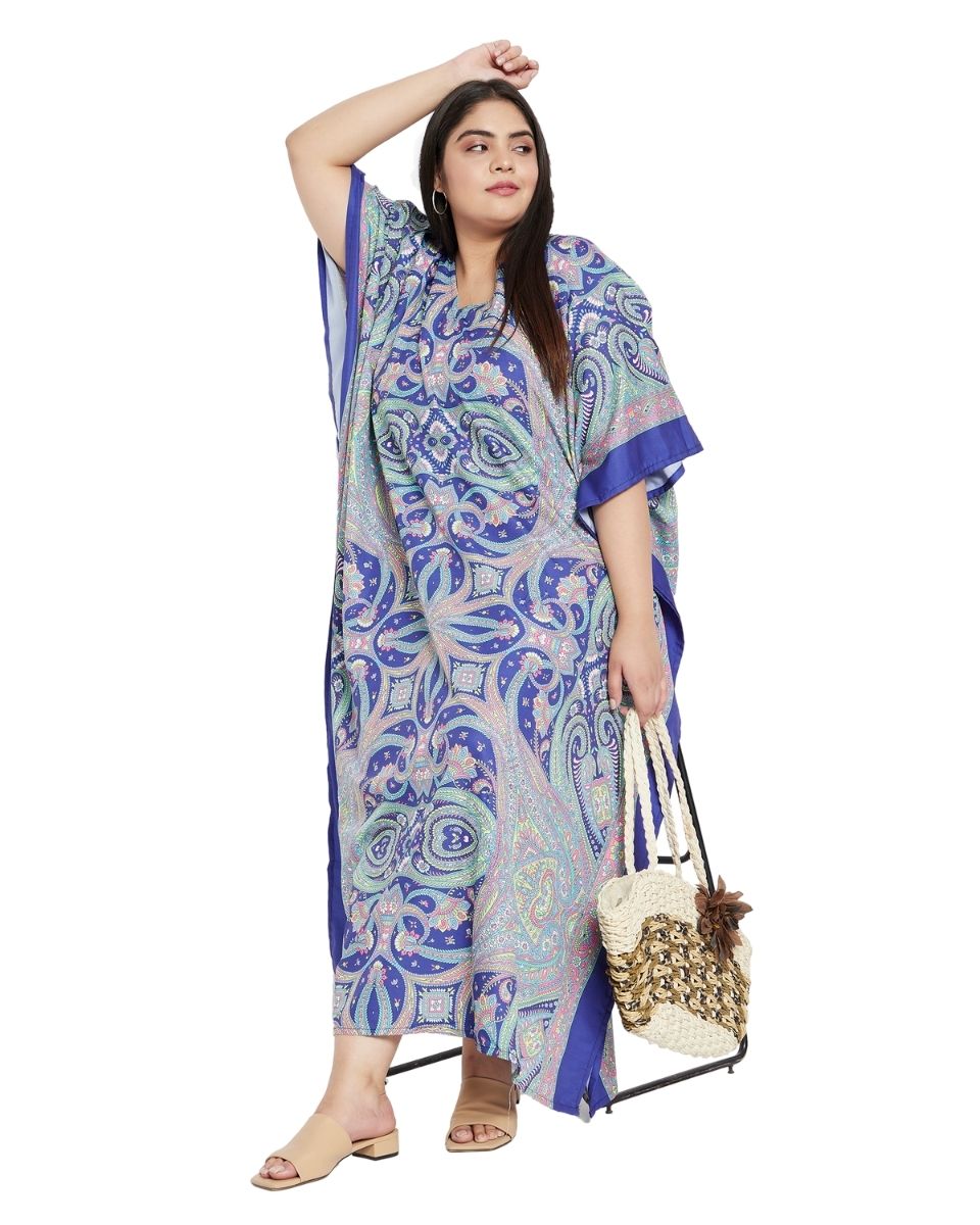 Plus Size Women Blue Paisley Kimono Sleeve Long Kaftan