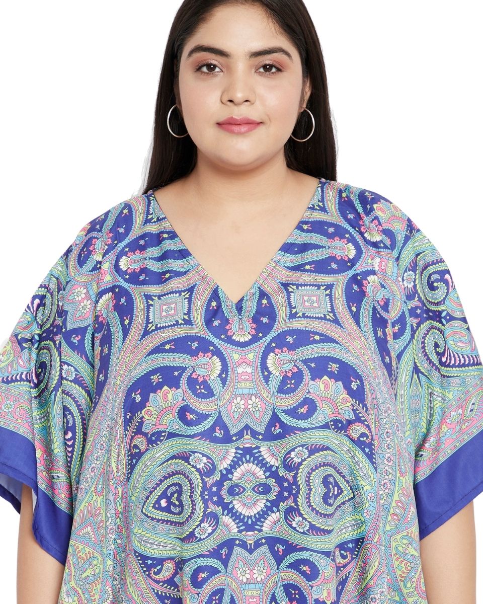 Plus Size Women Blue Paisley Kimono Sleeve Long Kaftan