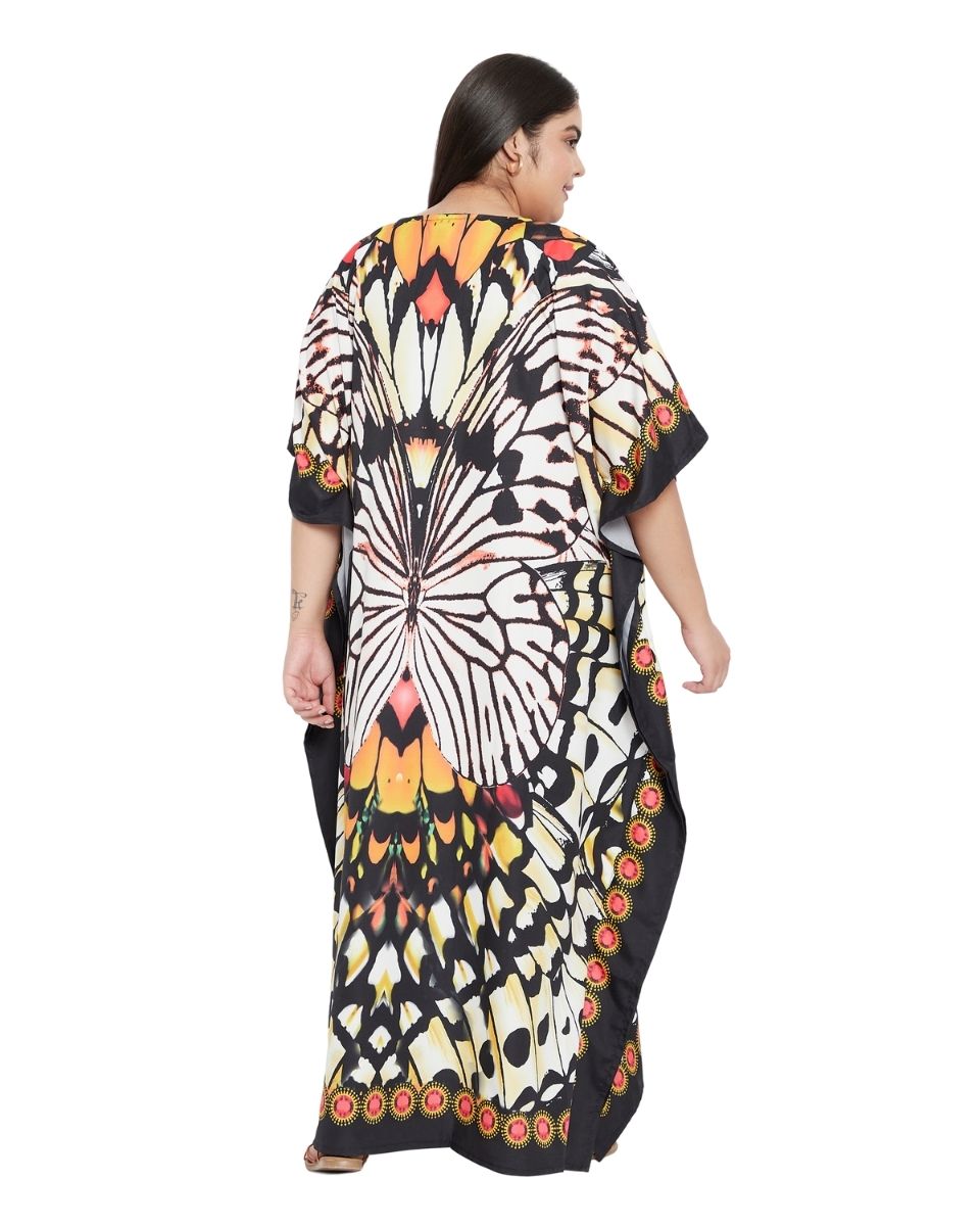 Black Butterfly Polyester Kimono Sleeve Kaftan For Plus Size Women