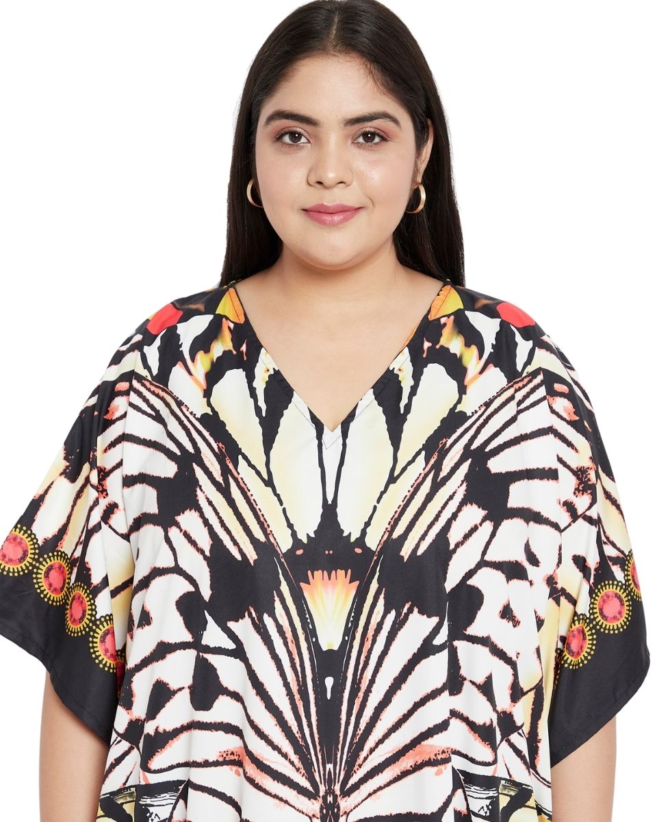 Black Butterfly Polyester Kimono Sleeve Kaftan For Plus Size Women