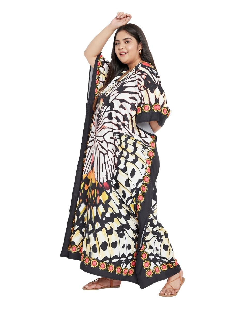 Black Butterfly Polyester Kimono Sleeve Kaftan For Plus Size Women