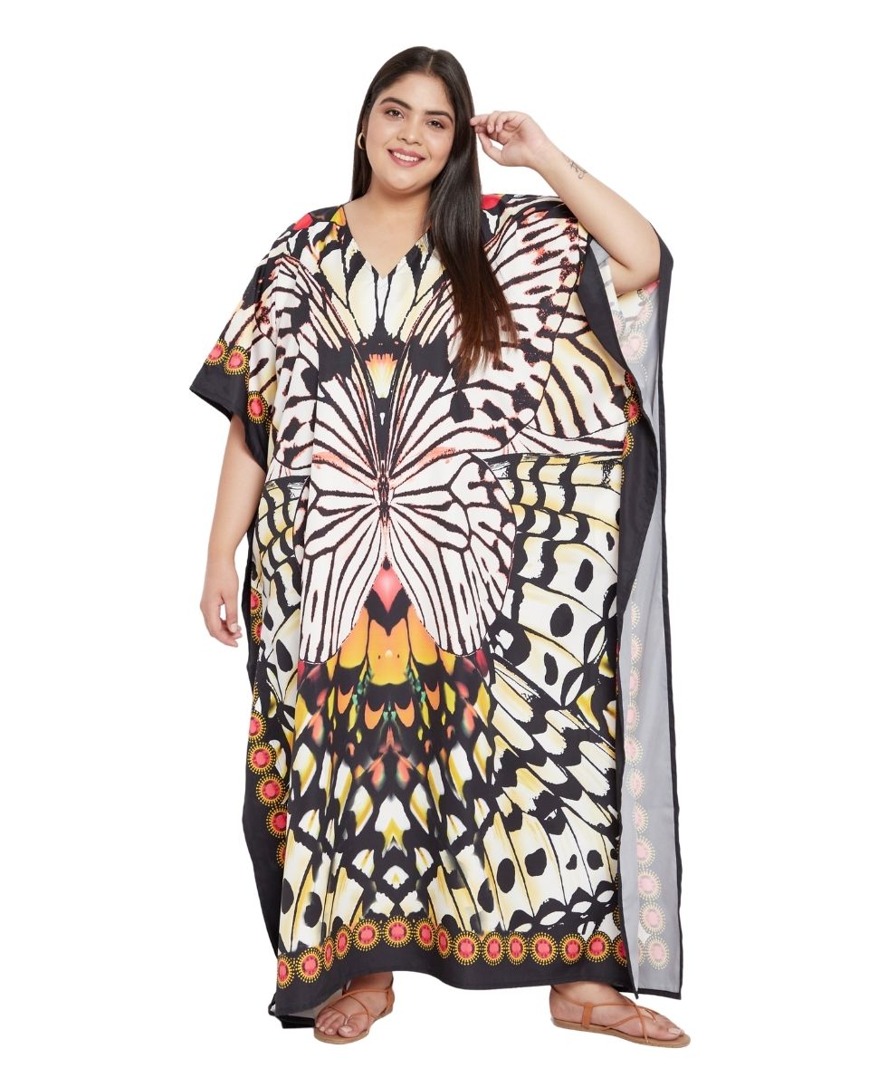 Black Butterfly Polyester Kimono Sleeve Kaftan For Plus Size Women