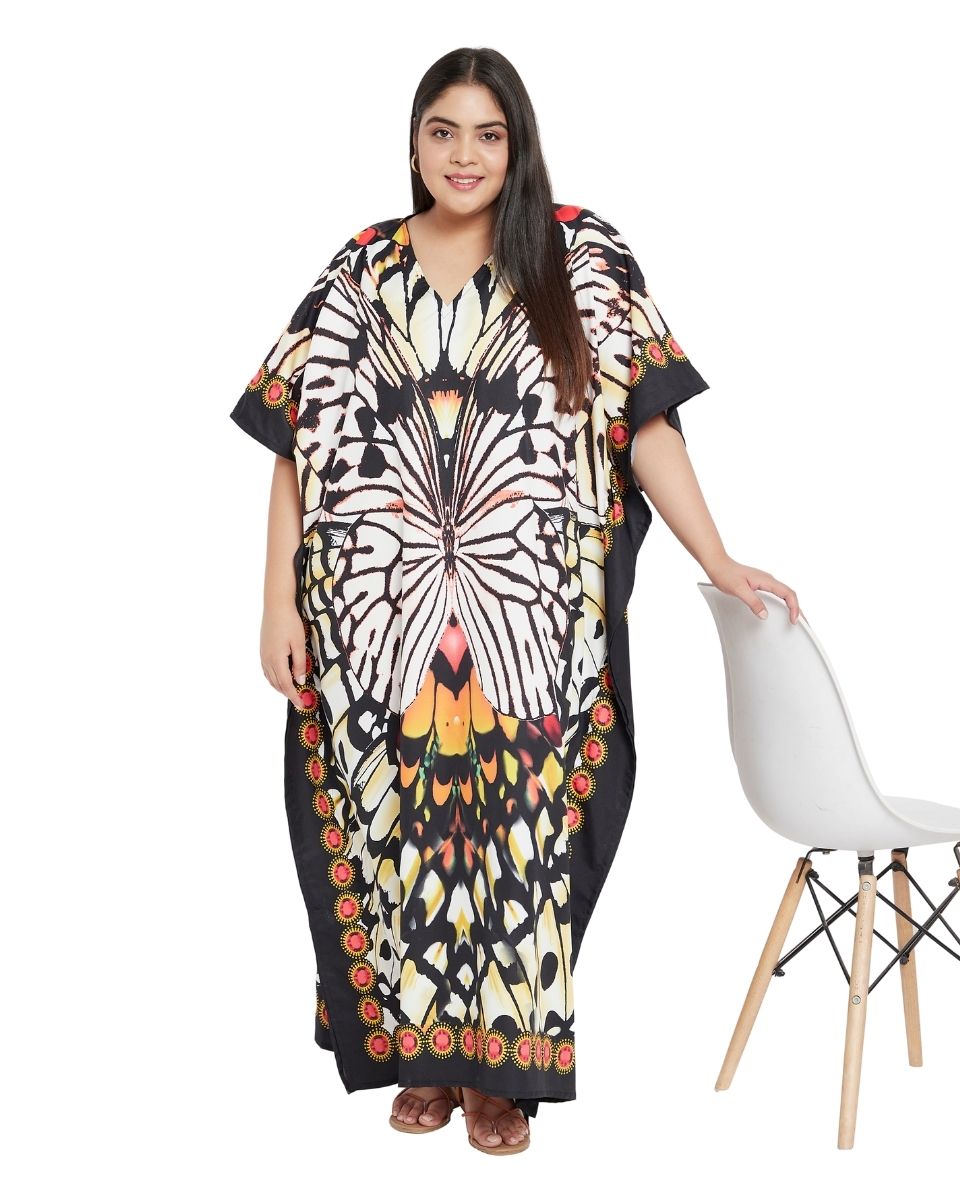 Black Butterfly Polyester Kimono Sleeve Kaftan For Plus Size Women