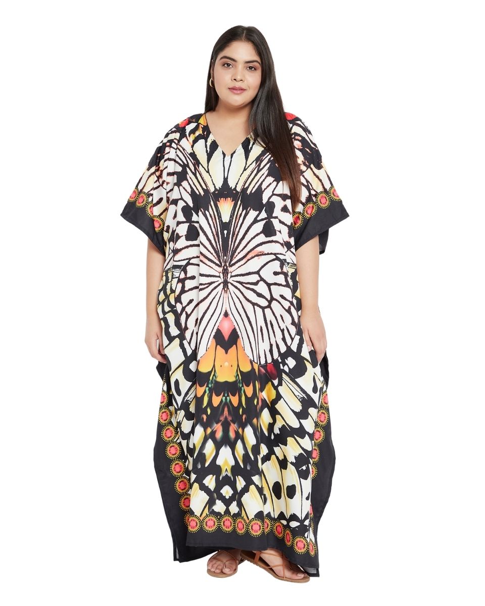 Black Butterfly Polyester Kimono Sleeve Kaftan For Plus Size Women