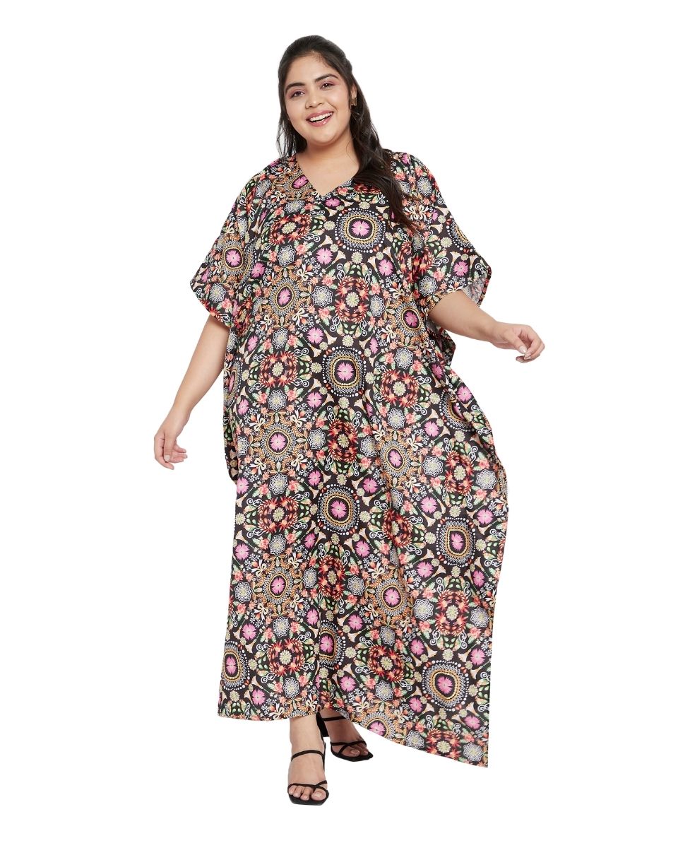 Floral Pattern Multicolor Polyester Kaftan For Plus Size Women