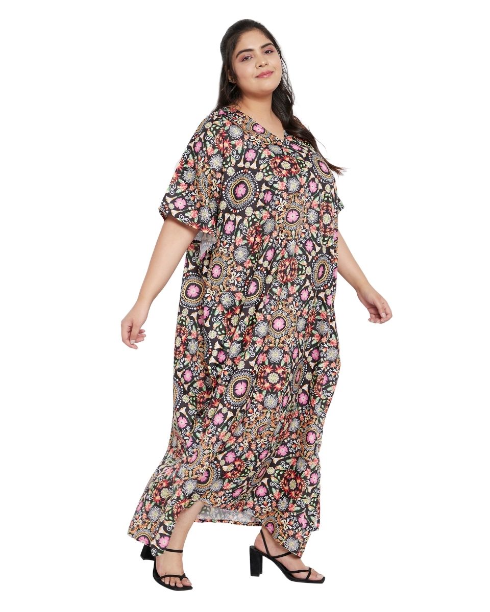 Floral Pattern Multicolor Polyester Kaftan For Plus Size Women