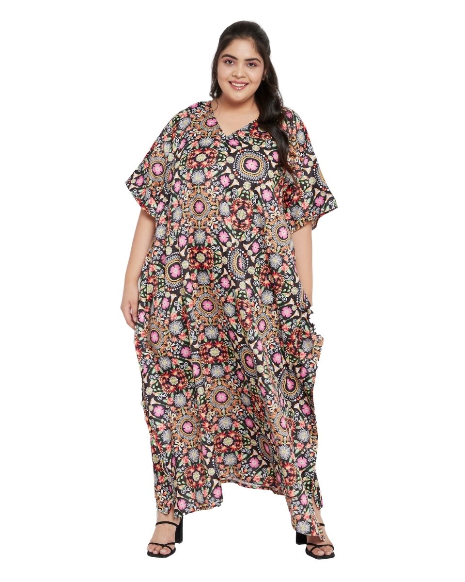 Floral Pattern Multicolor Polyester Kaftan For Plus Size Women