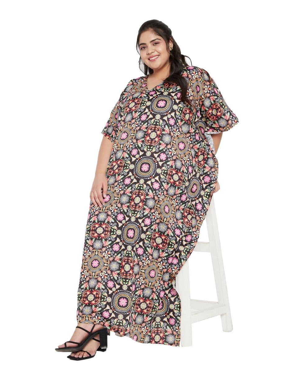 Floral Pattern Multicolor Polyester Kaftan For Plus Size Women