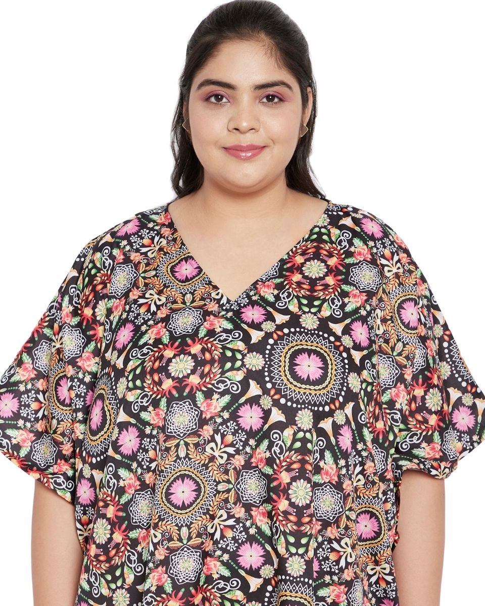 Floral Pattern Multicolor Polyester Kaftan For Plus Size Women