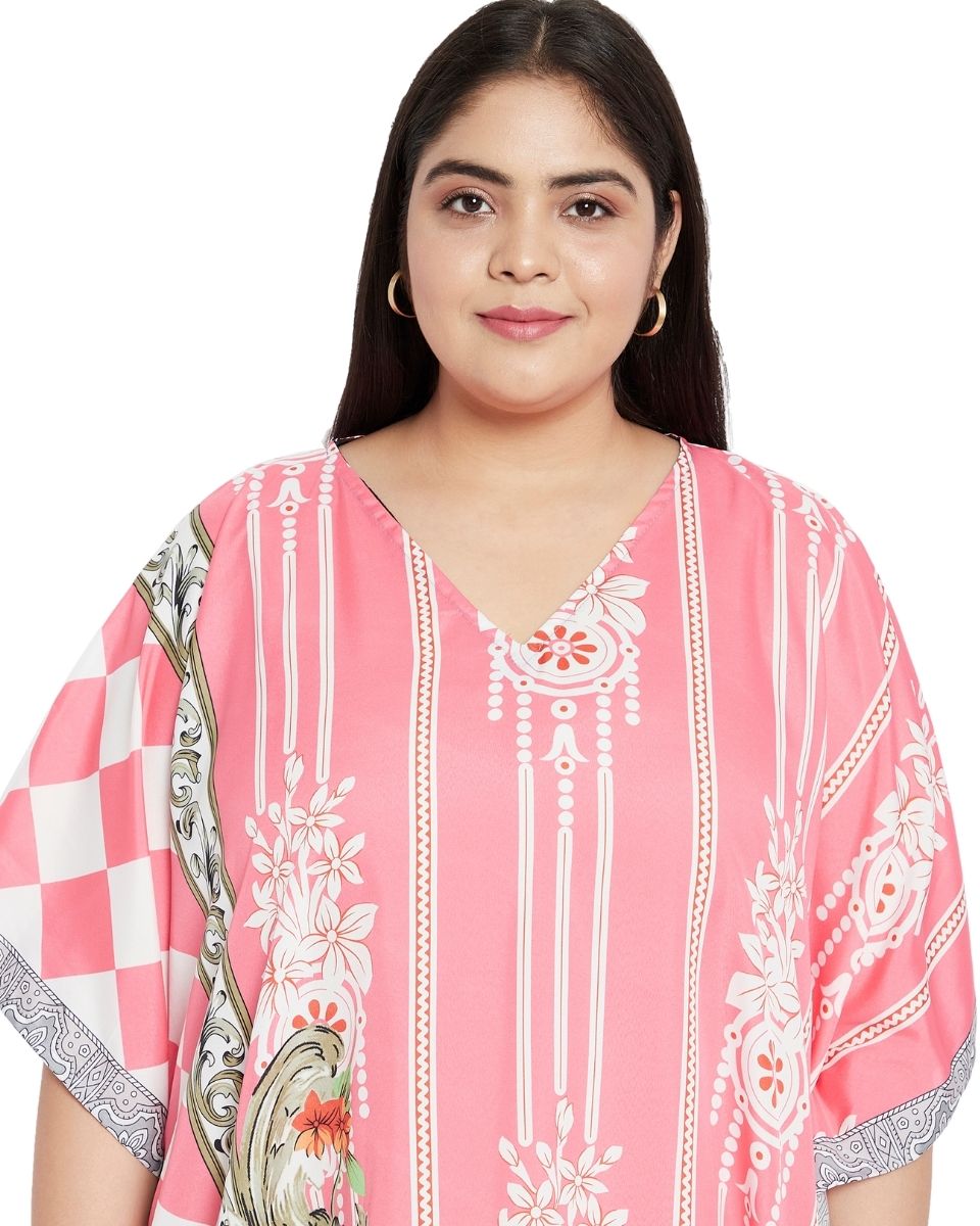 Color Pink Floral Pattern Polyester Kaftan For Plus Size Women