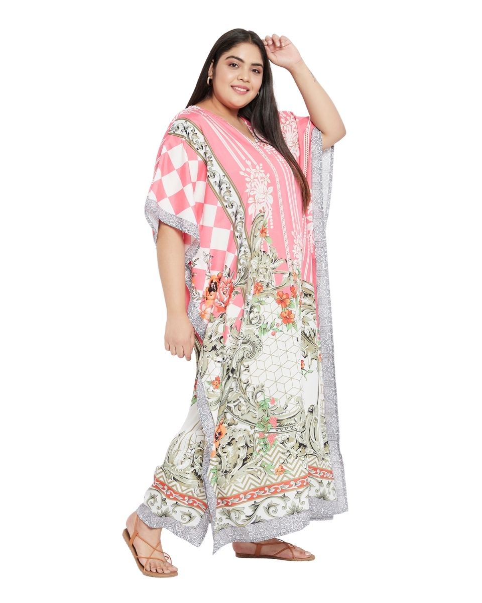 Color Pink Floral Pattern Polyester Kaftan For Plus Size Women