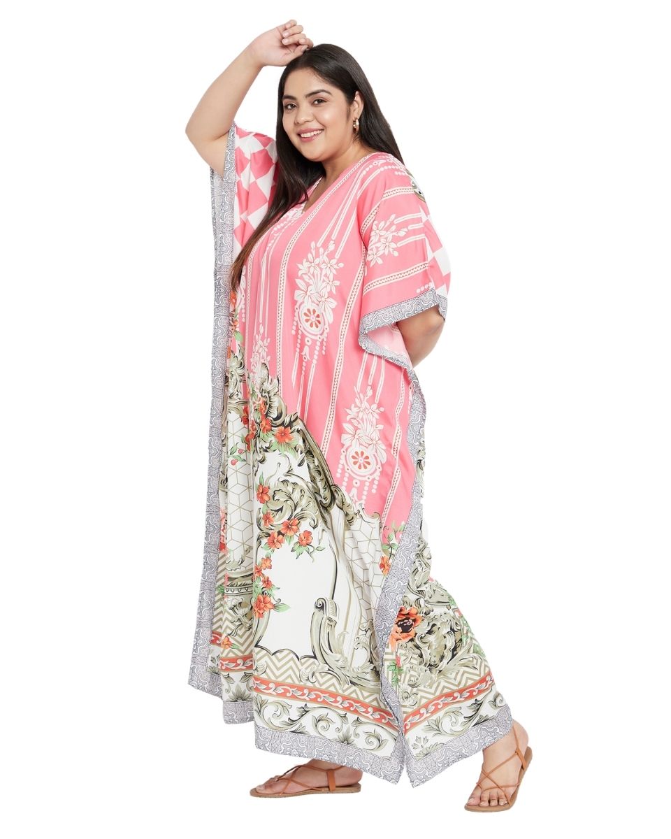 Color Pink Floral Pattern Polyester Kaftan For Plus Size Women