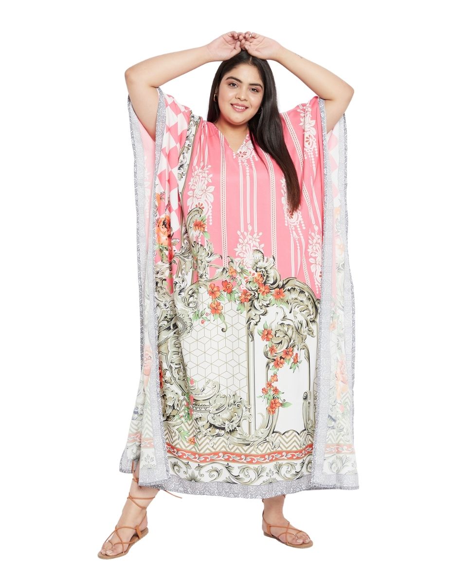 Color Pink Floral Pattern Polyester Kaftan For Plus Size Women