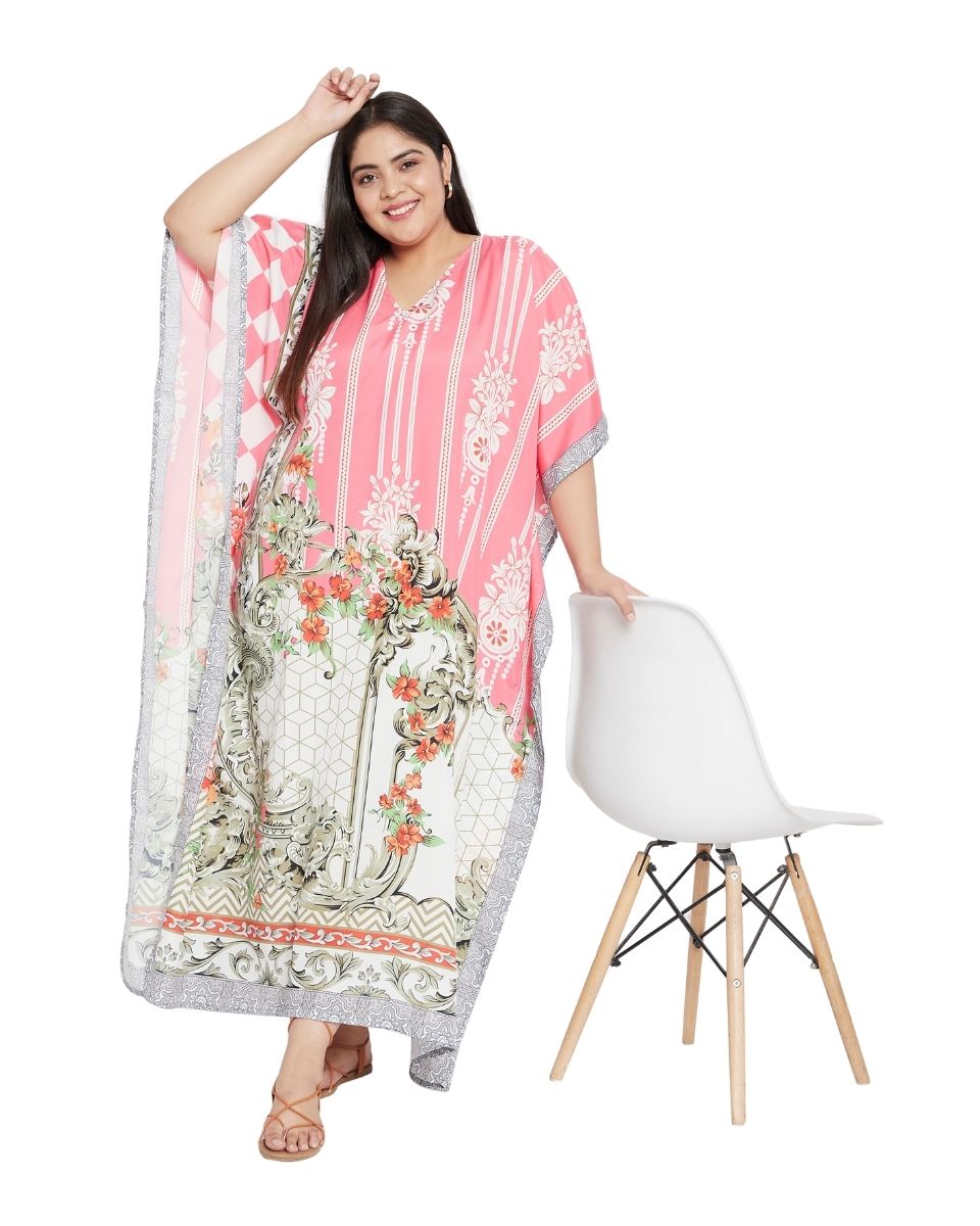 Color Pink Floral Pattern Polyester Kaftan For Plus Size Women