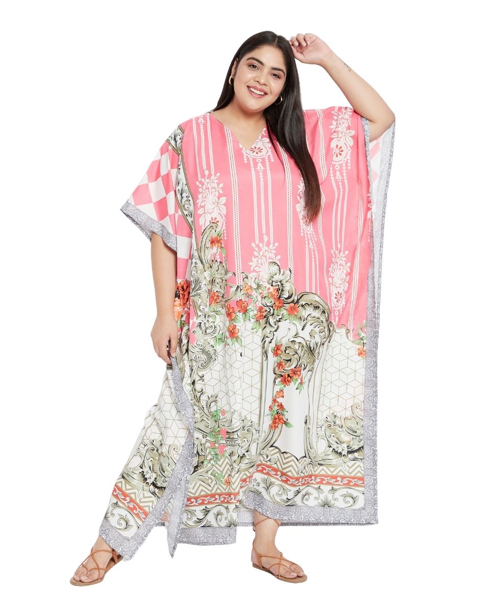 Color Pink Floral Pattern Polyester Kaftan For Plus Size Women