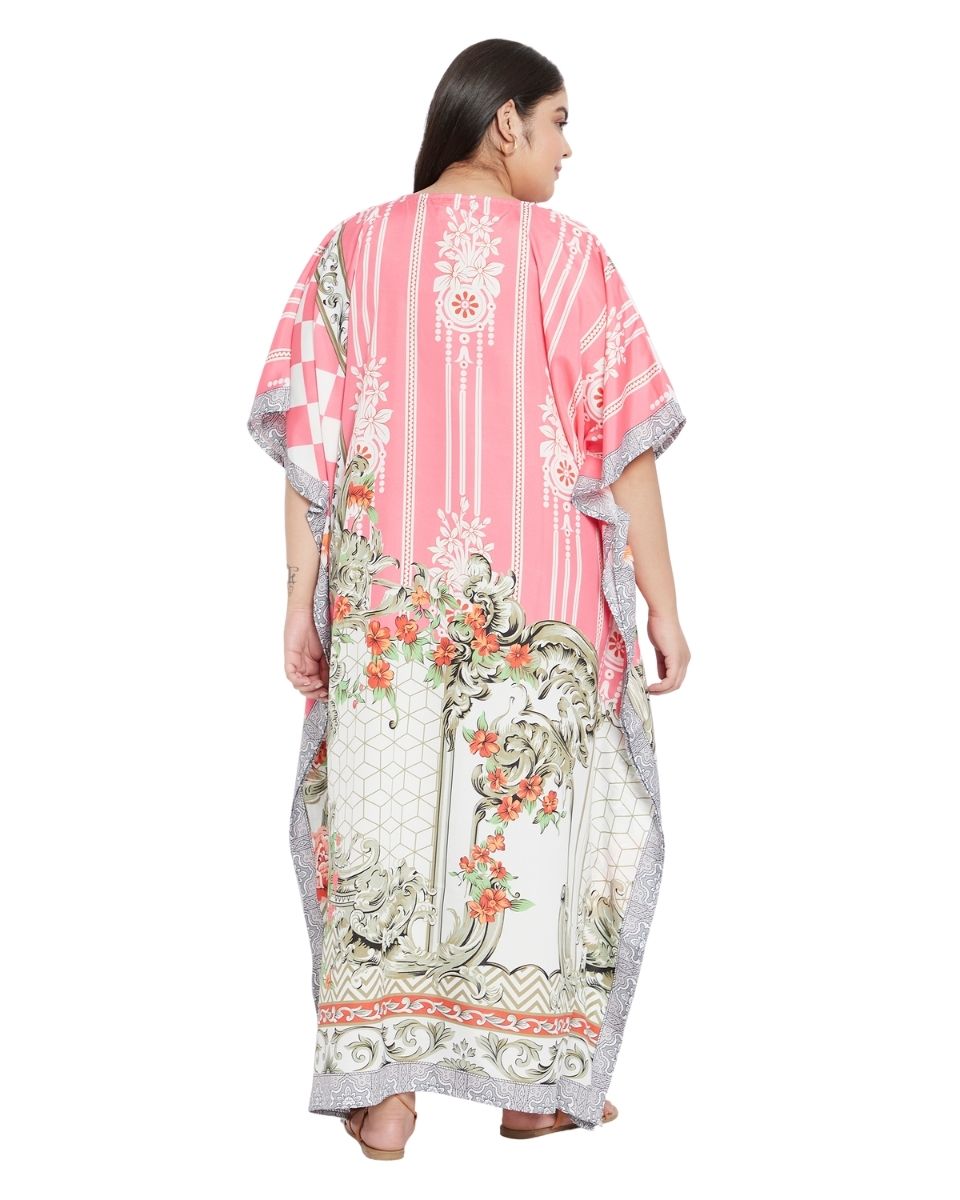 Color Pink Floral Pattern Polyester Kaftan For Plus Size Women